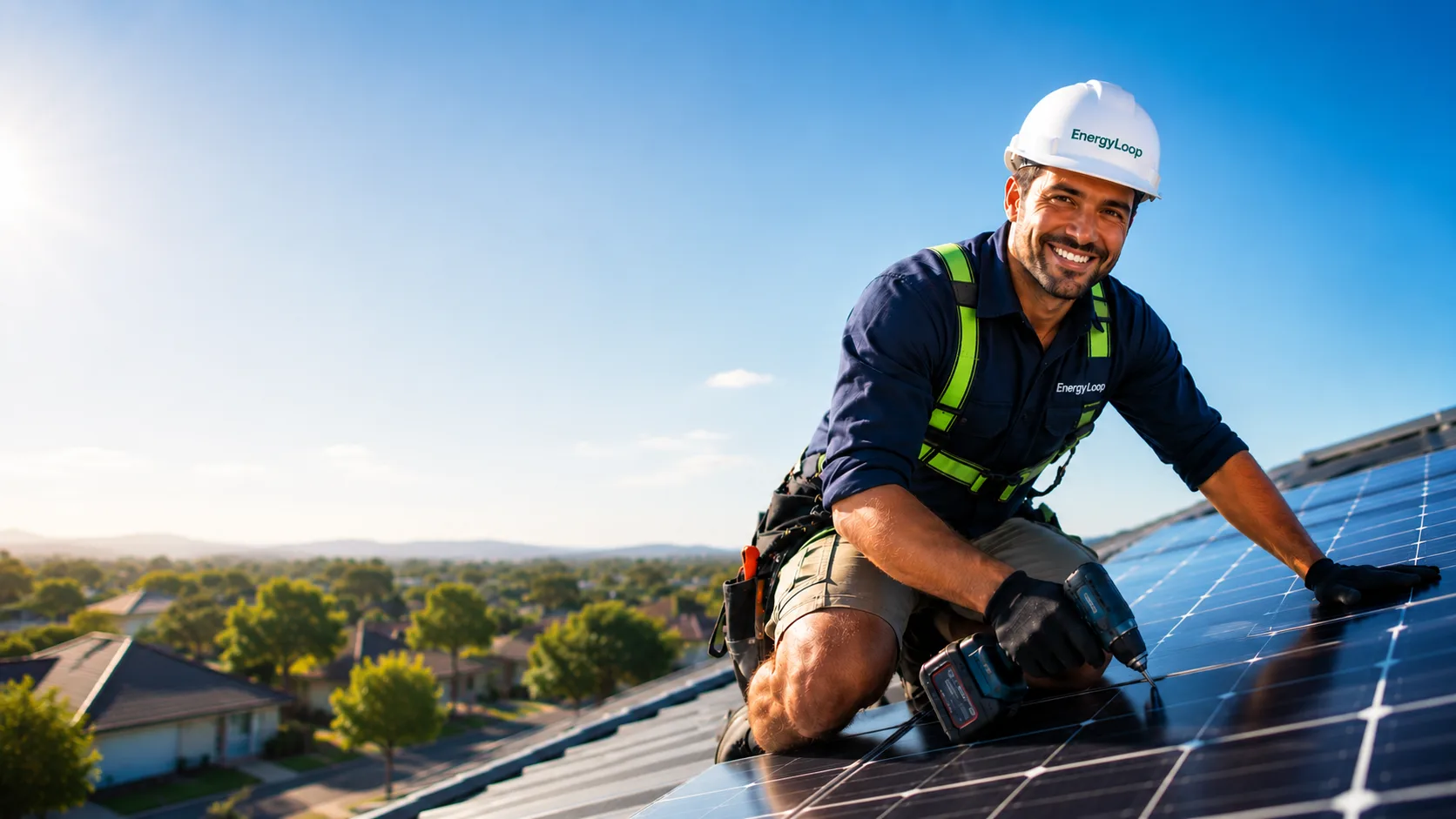 Energy Loop solar technician installing rooftop panels